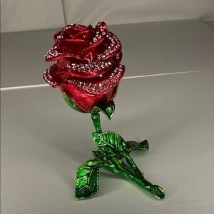 Red Jeweled Rose Trinket Box with Green Stem